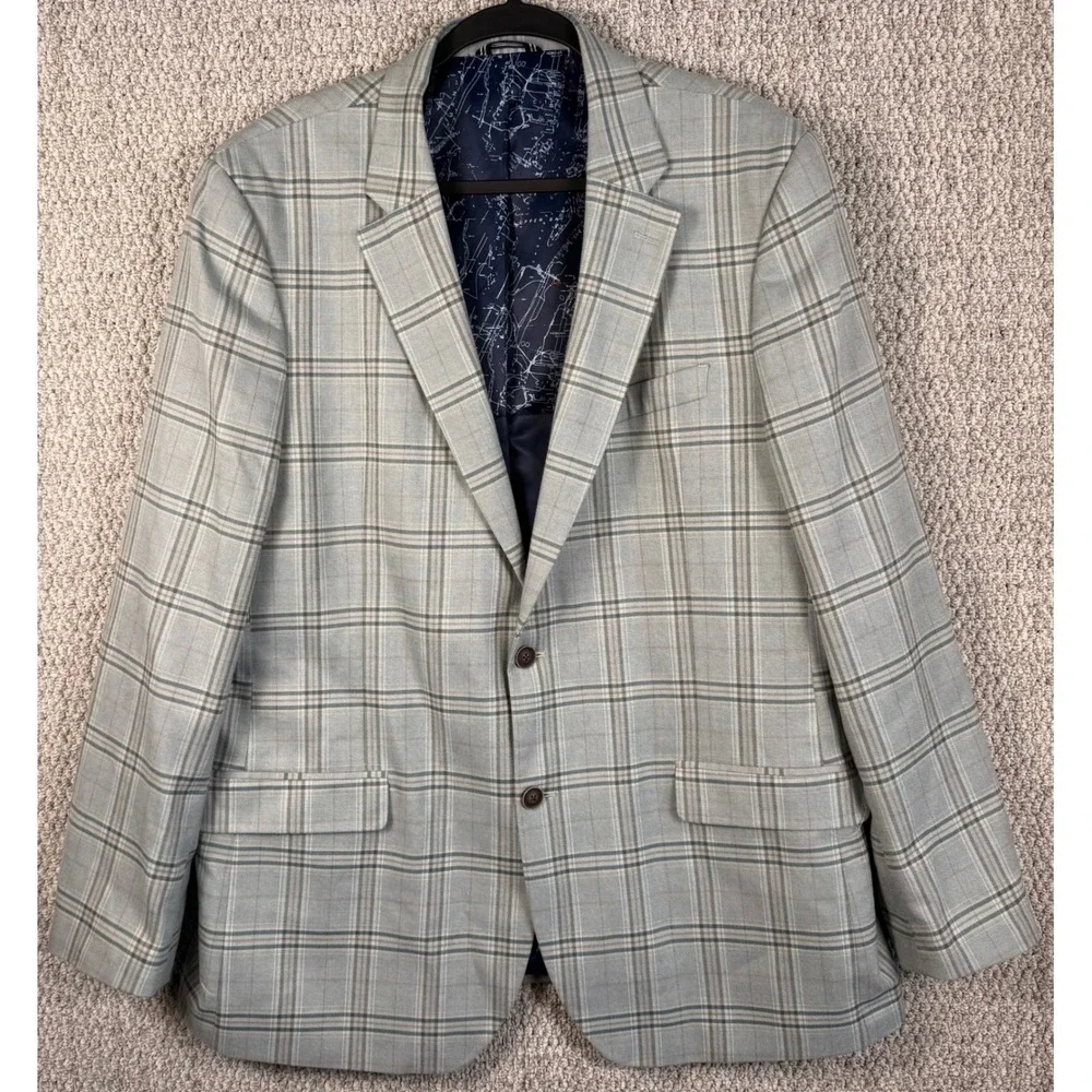 Nautica Mens 46L Plaid Sport Coat Blazer Gray Blue Windowpane 2 Button Jacket